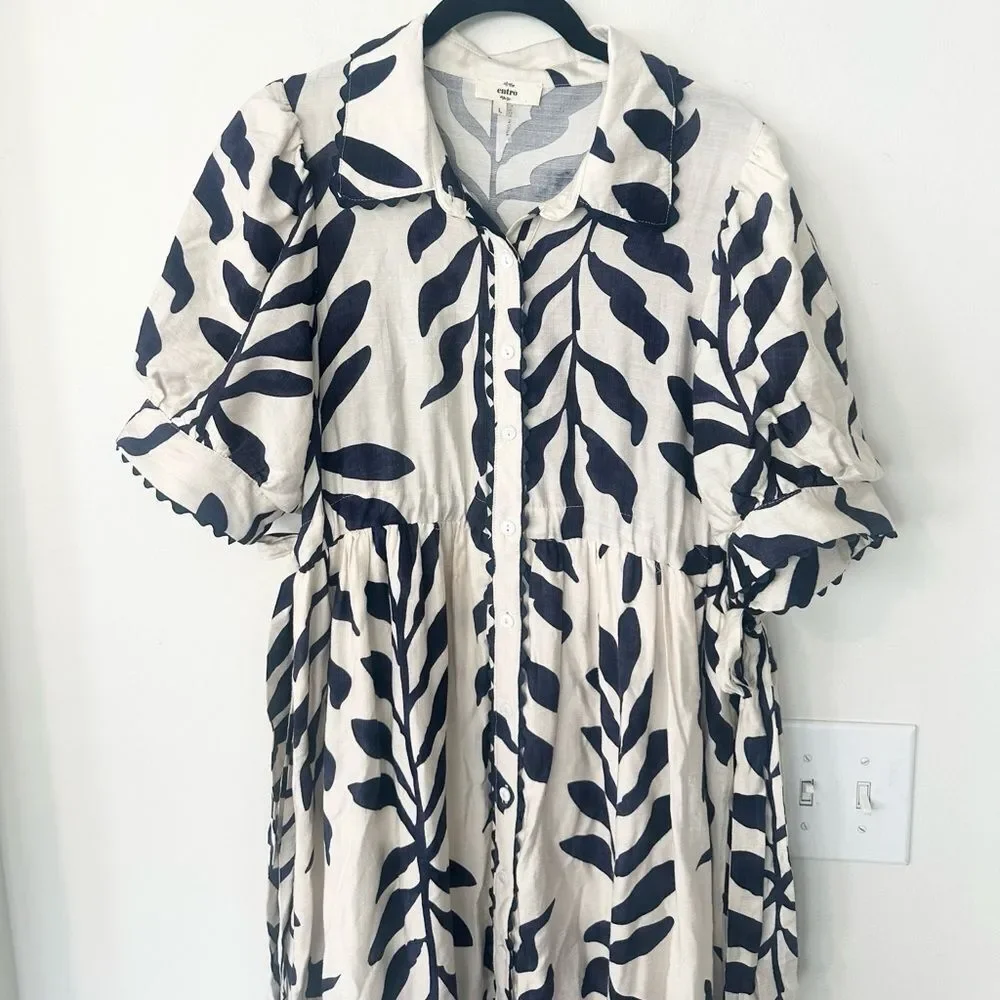 Entro Navy Blue Leaf Print Scallop Trim Midi Shirt Dress L - Picture 3 of 9